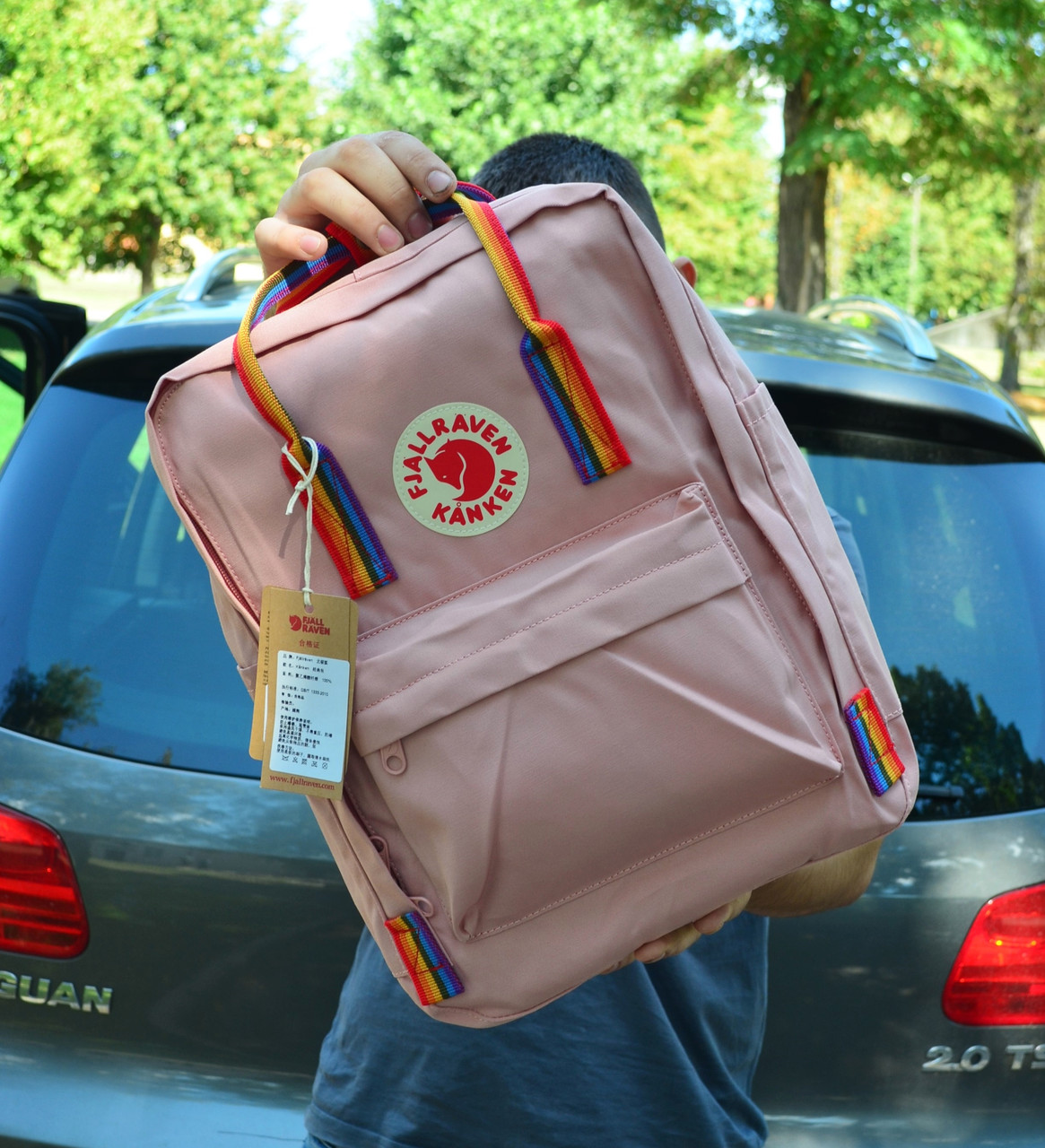 Пудровий рюкзак канкен із райдужними ручками синій Fjallraven Kanken Classic Rainbow. Рюкзаки шкільні Канкен, фото 1