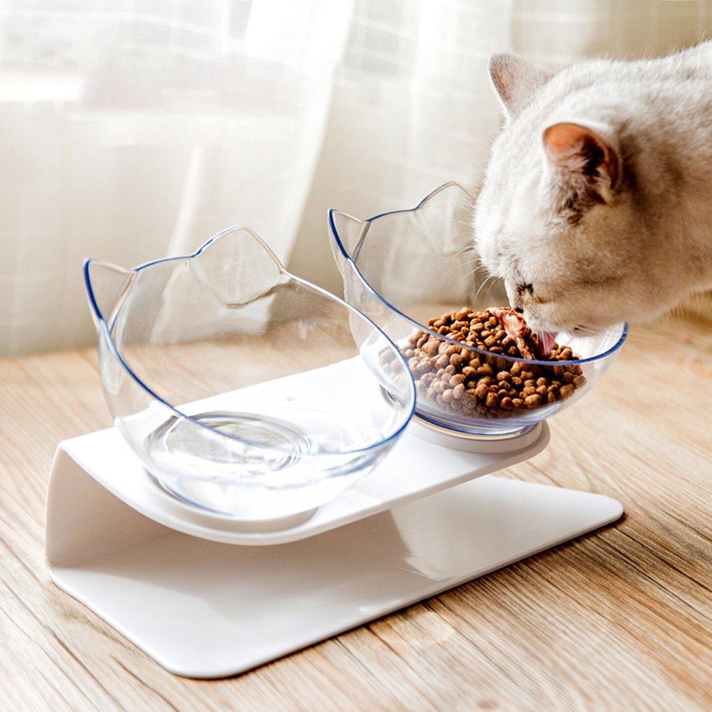 Миски для котов "с ушками" Бело-прозрачные, двойная миска для собак на подставке, тарелка кошачья миска (TS) - фото 4 - id-p1261766870