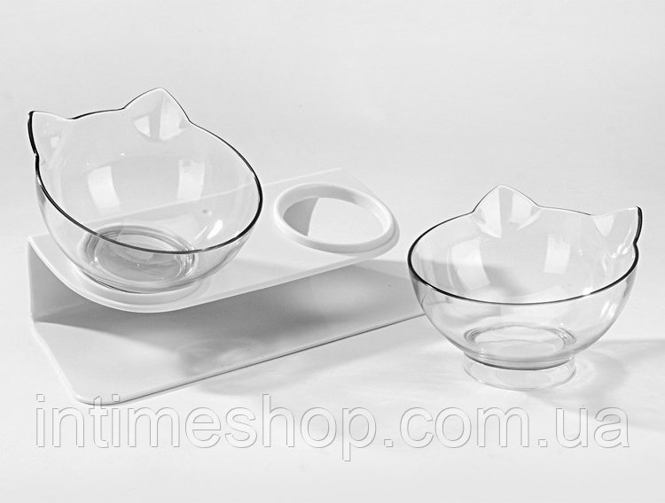 Миски для котов "с ушками" Бело-прозрачные, двойная миска для собак на подставке, тарелка кошачья миска (TI) - фото 6 - id-p1261772212