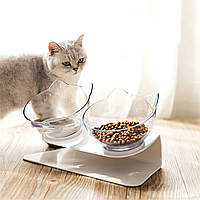 Миски для котов "с ушками" Бело-прозрачные, двойная миска для собак на подставке, тарелка кошачья миска (NT)