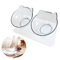 Миски для котов "с ушками" Бело-прозрачные, двойная миска для собак на подставке, тарелка кошачья миска (SH)