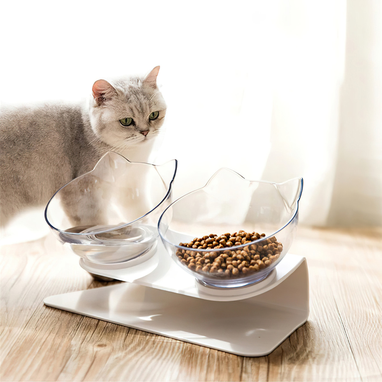 Миска для котів "з вушками" Біло-прозора, подвійна миска для собак на підставці, тарілки для кота