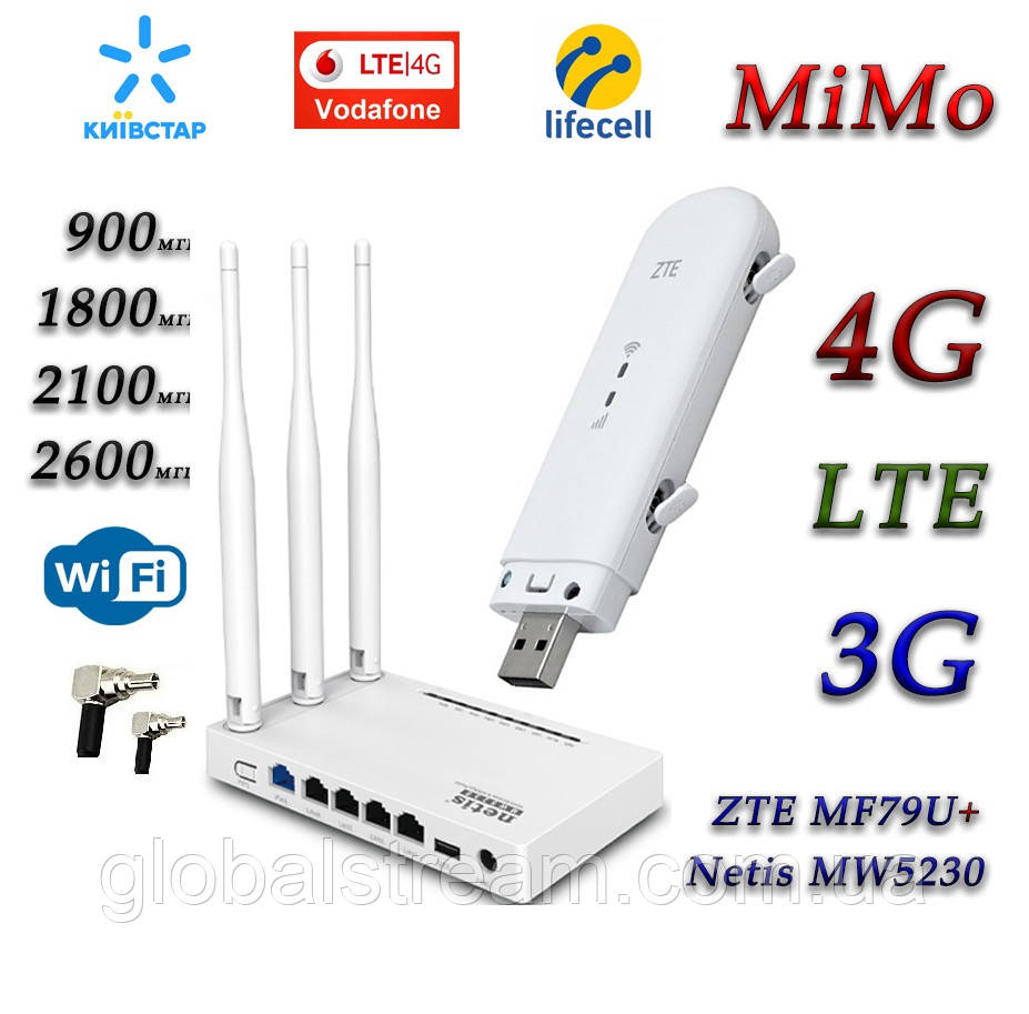 Комплект Wi-Fi роутер Netis MW5230 + ZTE MF79U 4G+LTE/3G Київстар, Vodafone, Lifecell з 2 вих. під антену MIMO