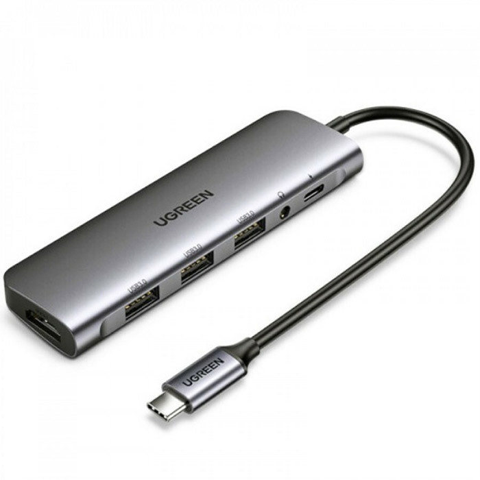 Багатопортовий адаптер концентратор UGREEN 6-in-1 USB-C Hub with 3.5mm AUX + 4K HDMI Grey (CM136)