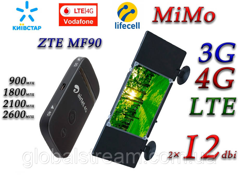 Авто Комплект 4G+LTE WiFi Роутер ZTE MF90 Київстар, Vodafone, Lifecell з антеною MIMO 2×12dbi, фото 1