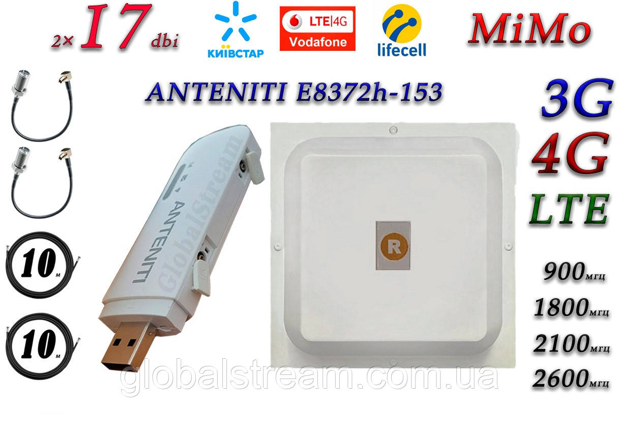 Повний комплект 4G/LTE/3G Wi-Fi Роутер ANTENITI E8372h-153 + MiMo антеною 2×17 dbi