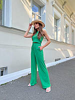 Женский трикотажный летний прогулочный костюм S-M M-L(42-44 44-46) брюки клеш топ зелёный SM