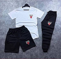 Комплект мужской Шорты + Футболка + Штаны Chicago Bulls белый-черный Спортивный костюм летний Чикаго Буллз
