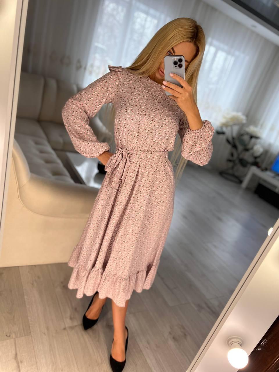 Сукня в дрібну квіточку з поясом (Розміри 42,44,46,48), Молочна