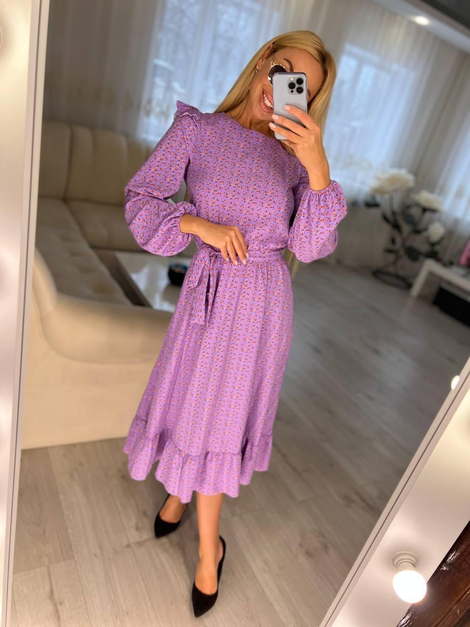 Плаття фіолетове в дрібну квіточку з поясом