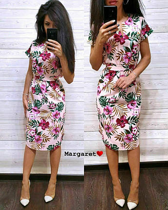 Стильне літнє плаття із софту з поясом і коротким рукавом, фото 1