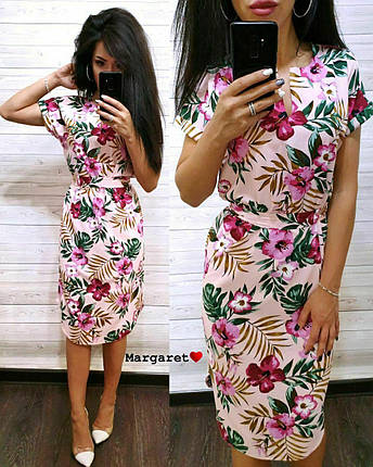 Стильне літнє плаття із софту з поясом і коротким рукавом, фото 2