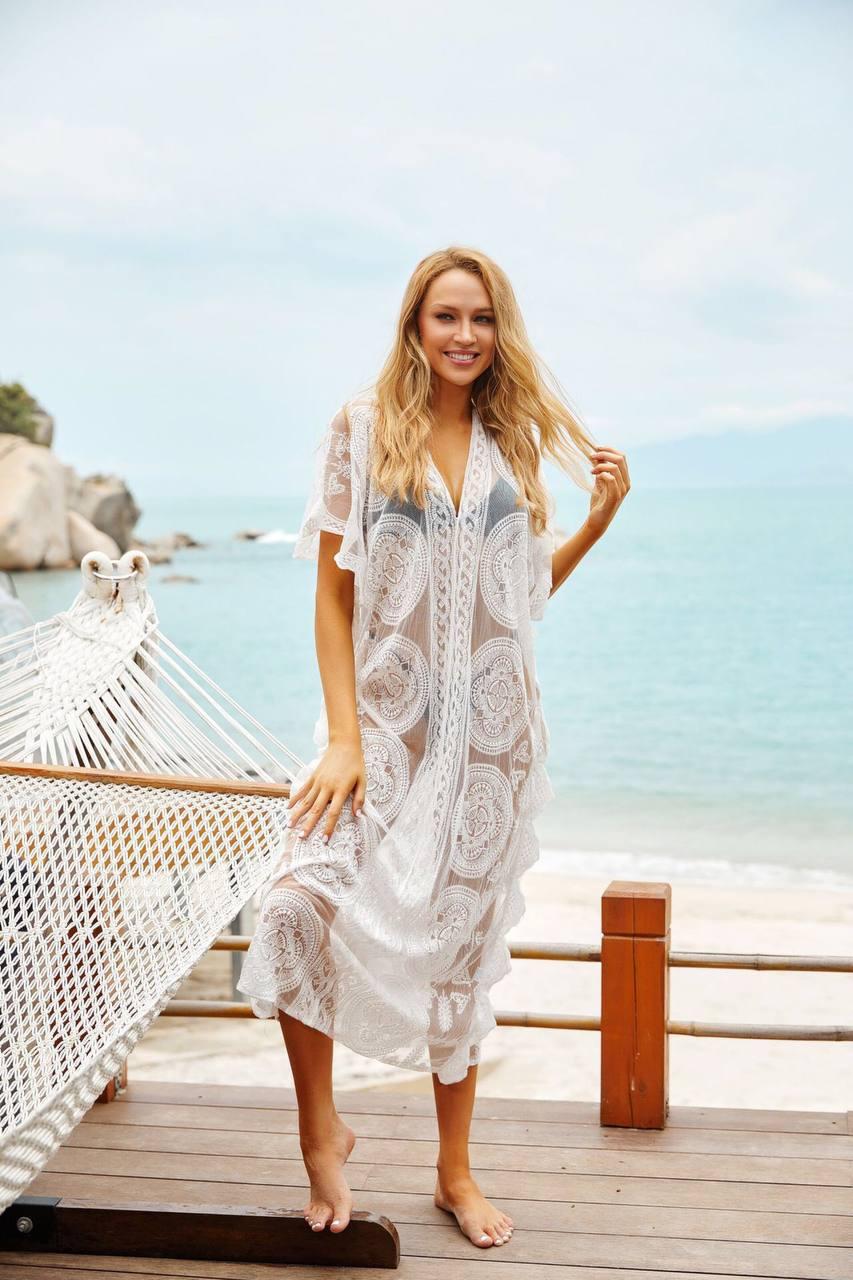 Модна туніка для пляжу. Жіноча біла туніка на пляж. Туніка розмір універсал M/L/XL/2XL/3XL., фото 1