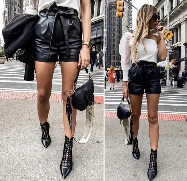 Женские кожаные шорты на высокой посадке под пояс