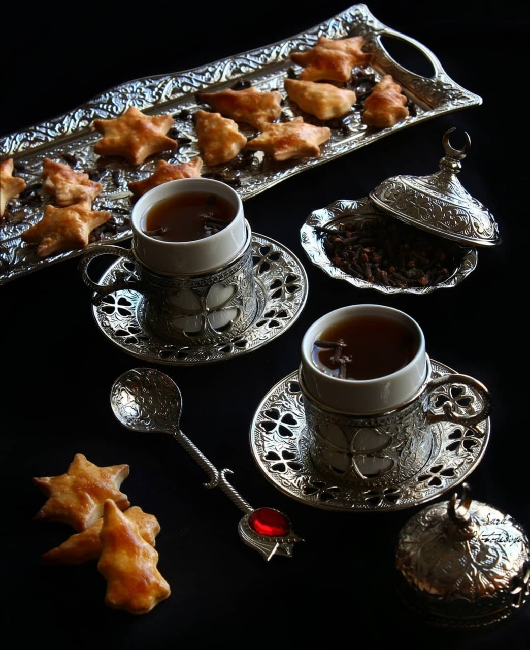 Набор турецких чашек для кофе Sena Серебристый цветок на 2 персоны, медные чашки 50 мл, кофе в подарок - фото 3 - id-p249740471