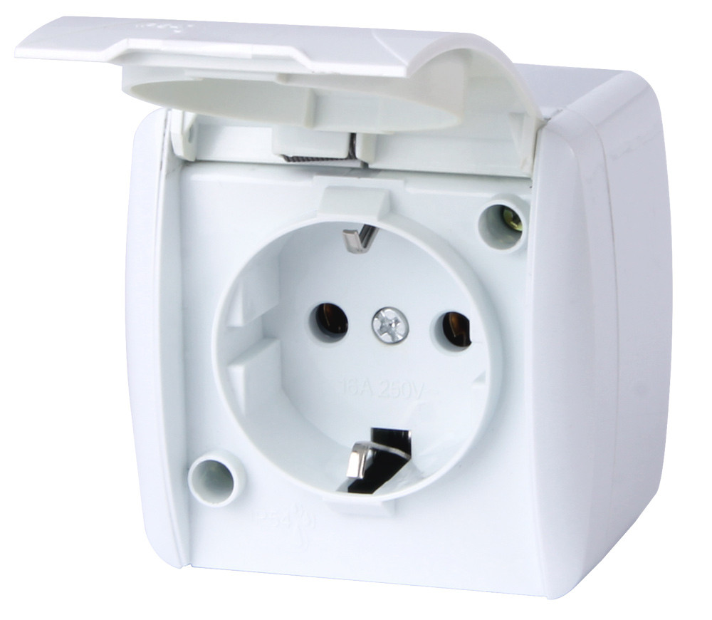 Розетка одинарна e.aqua.1231.gr з з/к, для зовнішнього монтажу, IP54, кришка біла, фото 1