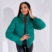Теплая весенняя женская куртка, плащевка, качественная лаке, зеленая короткая дутая куртка