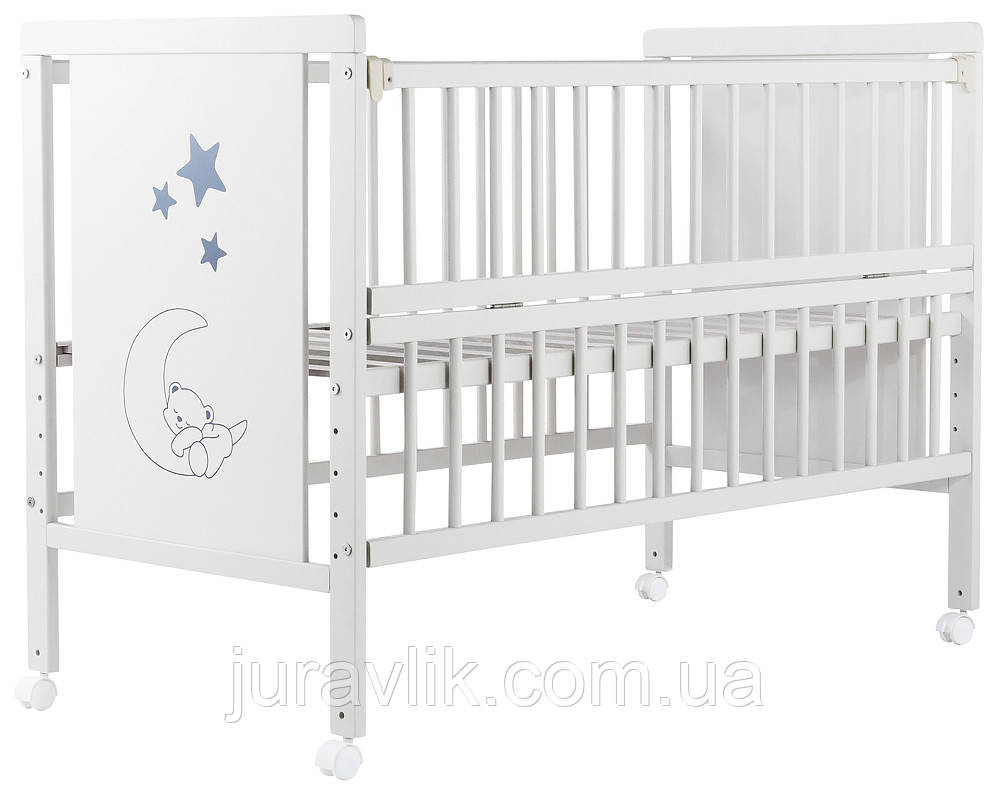 Дитяче ліжечко для новонароджених Біле колеса, відкидний бік, бук Ліжечко дитяче для новонароджених Ведмежатко