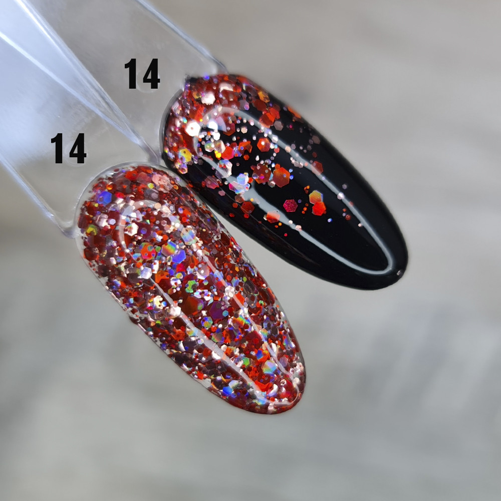 Гель (глітерний) з блискітками для дизайну нігтів червоний мікс SVN Іскра №14 5мл