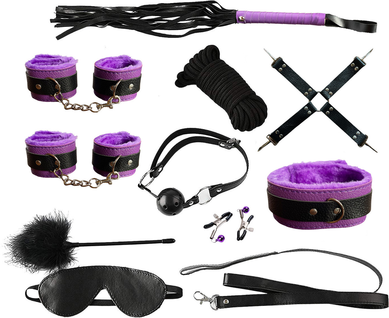 Набір БДСМ Black-Purple іграшки Садо мазо ігри 10 в 1 BDSM батіг, кляп, мотузки, наручники, маски, нашийник Ellips