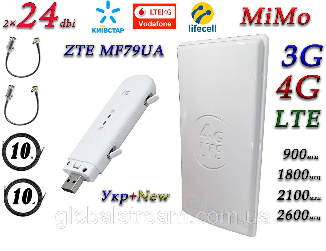 Повний комплект для 4G/LTE/3G c ZTE MF79U (Укр+rus. меню) + Антена планшетна MIMO 2×24dbi (48 дб) 698-2690 МГц