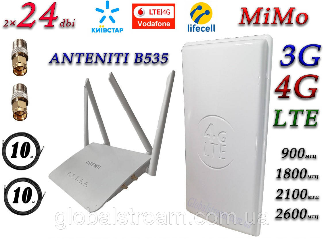 Повний комплект для 4G/LTE/3G Wi-Fi Роутер ANTENITI B535 + Антена планшетна MIMO 2×24dbi (48дб)698-2690МГц