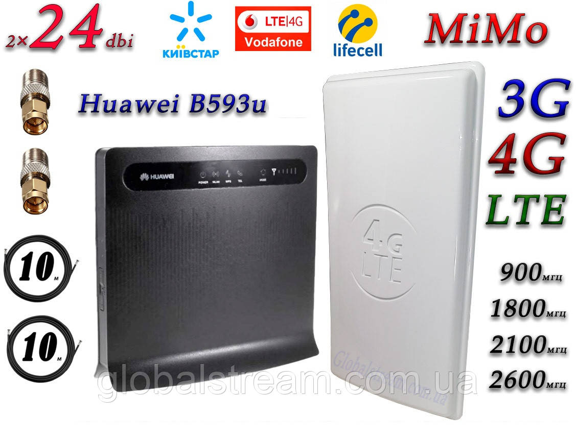 Повний комплект для 4G/LTE/3G Wi-Fi Роутер Huawei B593S-22 + Антена планшетна MIMO 2×24dbi (48дб)698-2690МГц