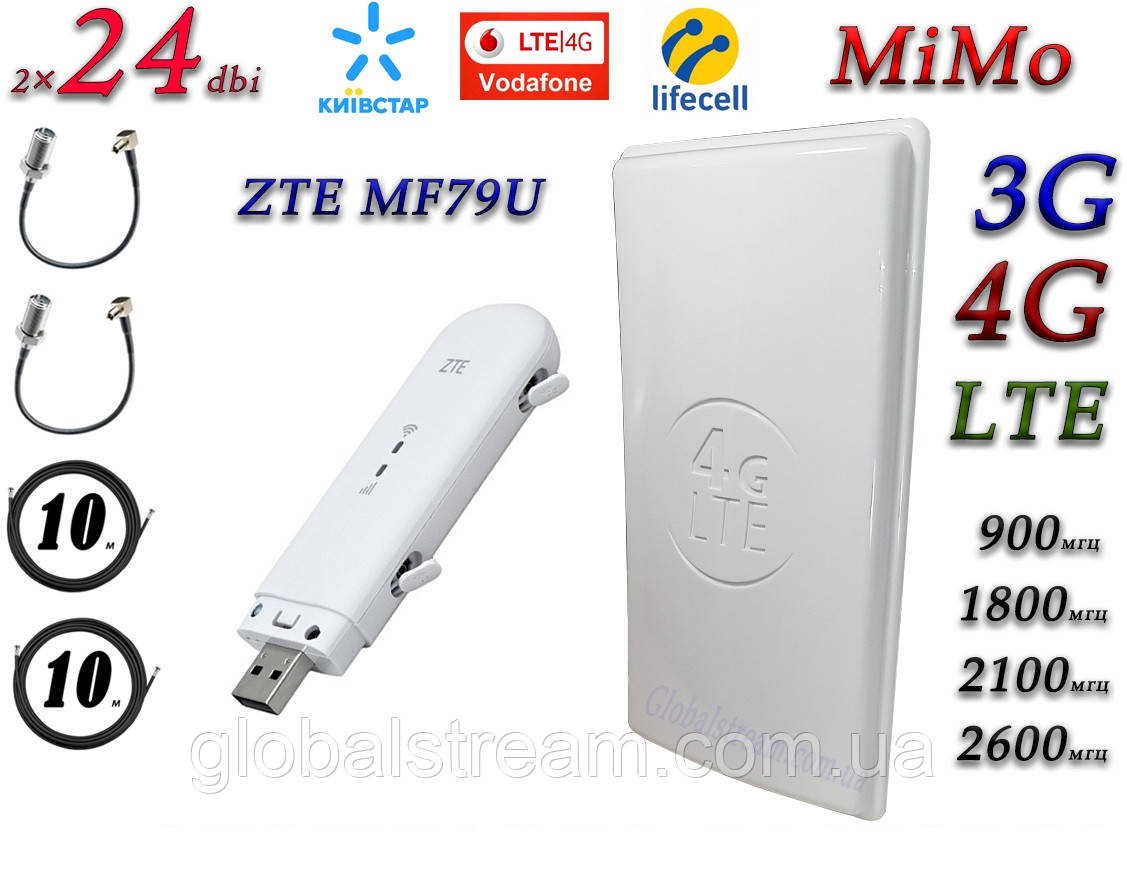 Повний набір для 4G/LTE/3G c ZTE MF79U + Антенна планшетна MIMO 2x24bi(48дб) 698-2690 МГц