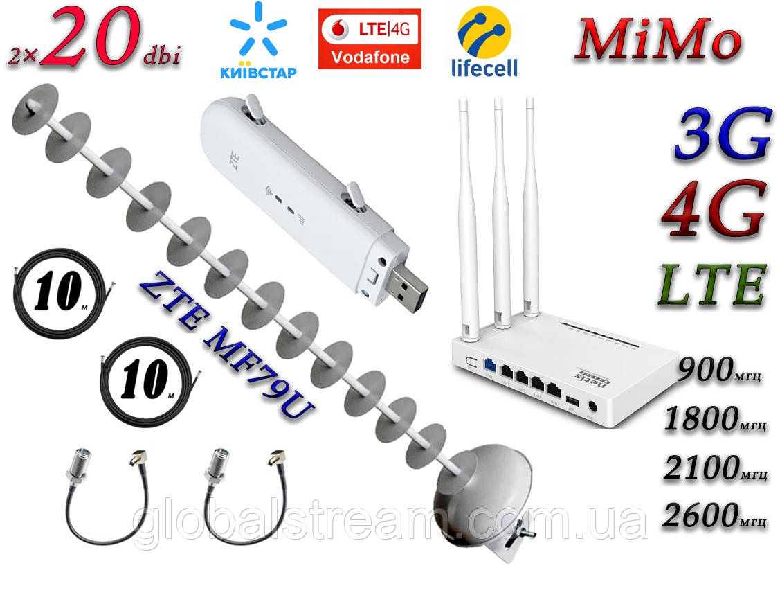 Повний комплект ZTE MF79U (укр) 4G + Netis MW5230+3G/4G/LTE антеною MiMo Стріла 1700-2170 МГц Пушка 20 дБ