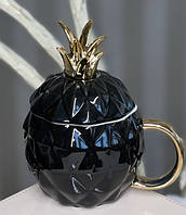 💜Стильний кухоль з кришкою і ложкою "Ананас" 400 мл Чорний