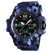 Спортивные мужские наручные часы SKMEI 1155, качественные армейские военные часы с секундомером подсветкой Камуфляж синий