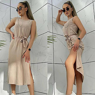 Літнє легке плаття в підлогу з розрізом і поясом, фото 2
