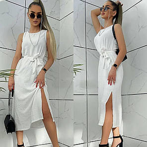 Літнє легке плаття в підлогу з розрізом і поясом, фото 1