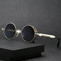 Круглые очки с черными линзами в золотой металлической оправе , имиджевые ретро панк очки