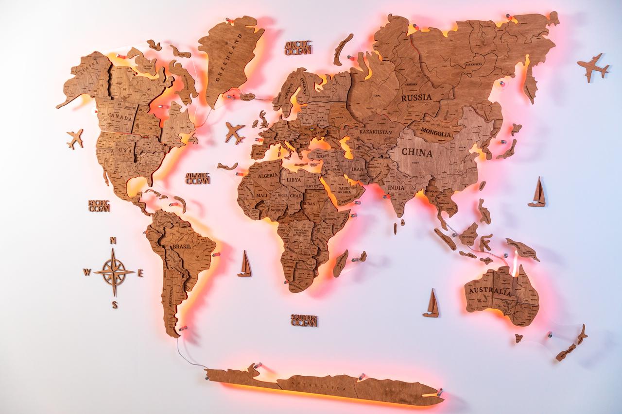 Карта Мира на Стену, Деревянная Многослойная со Странами и Столицами 3д ...