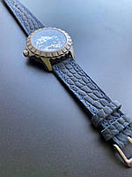 Шкіряний ремінець для наручних годинників із пряжкою синій тиснення рептилія
