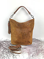 Итальянская женская сумка шоппер на плечо, сумочка замшевая с принтом под рептилию Vera Pelle.