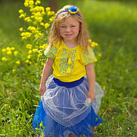 Детская вышитая блуза Ольга на желтом льне с голубой вышивкой 122