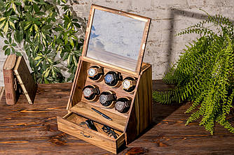 Дерев'яна скринька підставка для годинника Елітна зі скляною кришкою на 6 відділень + ящик для асесуарів