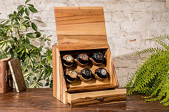 Дерев'яна скринька для годинника 6 шт Елітна з дерев'яною кришкою на 6 відділень + ящик для асесуарів