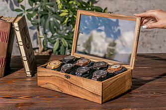 Коробка бокс для зберігання годинників на 8 місць зі скляною кришкою ручної роботи | Подарунок чоловікові | Гравірування