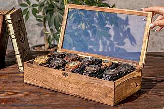 Скринька для годинника з дерева на 10 відділень + Подушечки в комплекті | Гравіювання на замовлення