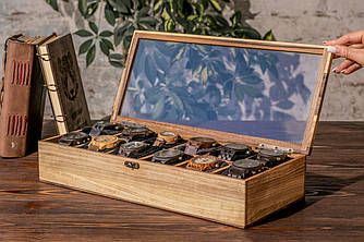 Дерев'яна скринька для зберігання годинників на 12 місць зі скляною кришкою + Подушечки в комплекті | Гравіювання