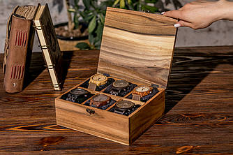 Скринька для прикрас та годинників чоловіча на 6 місць з дерев'яною кришкою + Подушечки в комплекті | Гравіювання