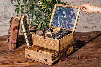 Скринька для годинників чоловіча на 6 відділень з висувним ящиком і скляною кришкою | Індивідуальне гравіювання