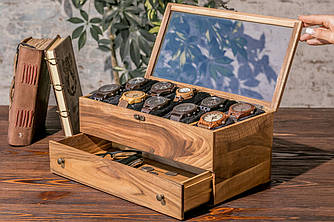 Скринька для годинників дерев'яна на 10 годинників з ящиком і скляною кришкою | Подарунок чоловіку | Гравіювання на замовлення