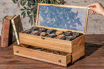 Дерев'яна шкатулка для годинників на 12 місць з ящиком і скляною кришкою ручної роботи + Подушечки в комплекті