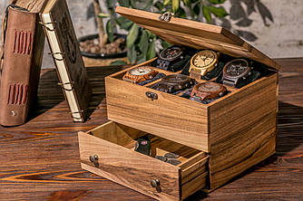 Коробка для зберігання годинників на 6 відділень з ящиком і дерев'яною кришкою + Подушечки в комплекті