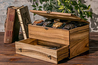 Скринька для годинників з дерева на 8 відділень з ящиком і дерев'яною кришкою ручної роботи + Подушечки в комплекті