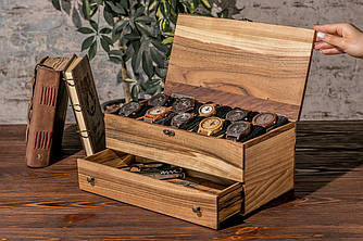 Кейс для зберігання годинників на 10 відділень з висувним ящиком для аксесуарів і дерев'яною кришкою